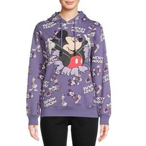 Disney Mickey Mouse Knit Hoodie Sweatshirt All-Over Print Pullover Purple‎ Sz XS